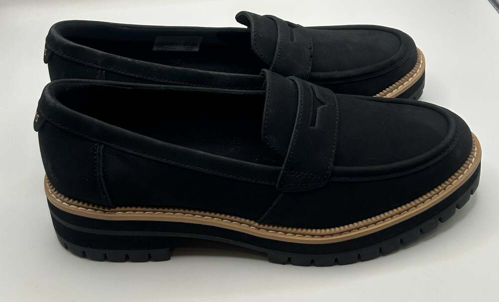 TOMS Darcy Lug Sole Black Leather Penny Loafers - Picture 2 of 5
